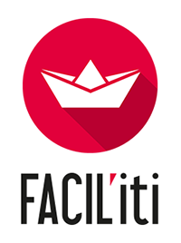 Facili’iti logo: a white paper-boat icon inside a red circle, with the text “FACIL’iti”.
